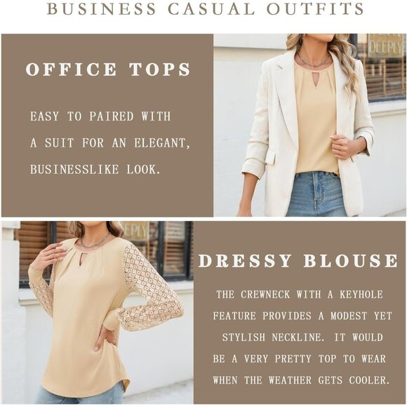 Blouses Lace Long Sleeve Tops Crewneck Keyhole Shirts Fall Clothes For Women - Picture 2 of 5